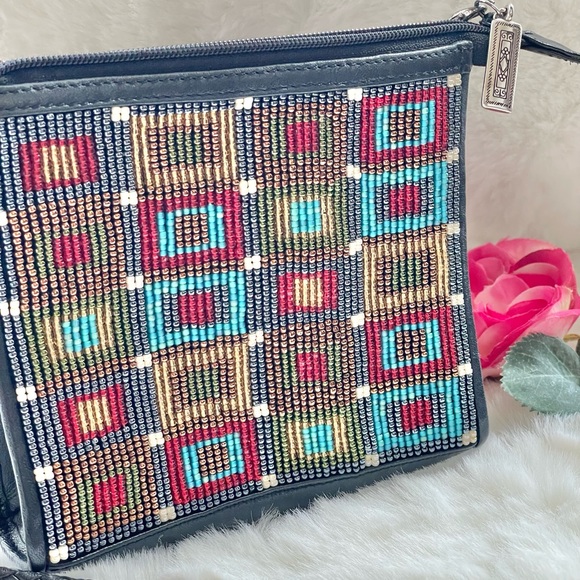 BRIGHTON Mini CROSSBODY BEADED PURSE Black w/multi colored front & Braided Strap - Picture 3 of 9